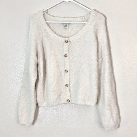 Cotton Emporium Ivory Button Up Eyelash Crop Cozy Sweater Super Soft Size L - Picture 11 of 11